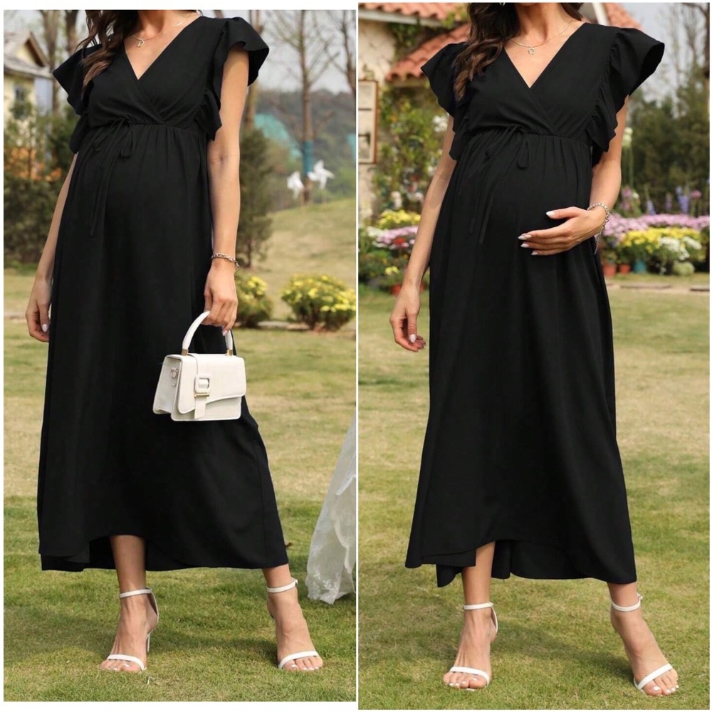 Maternity V neck Butterfly Sleeve Maxi Dress - Picture 1 of 4